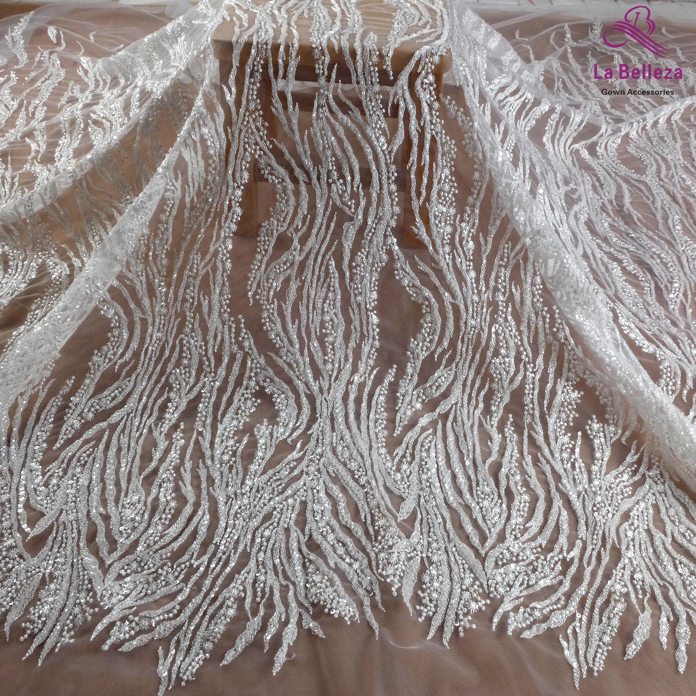 Noble white beaded sequin embroidered fabric long for lace wedding dresses