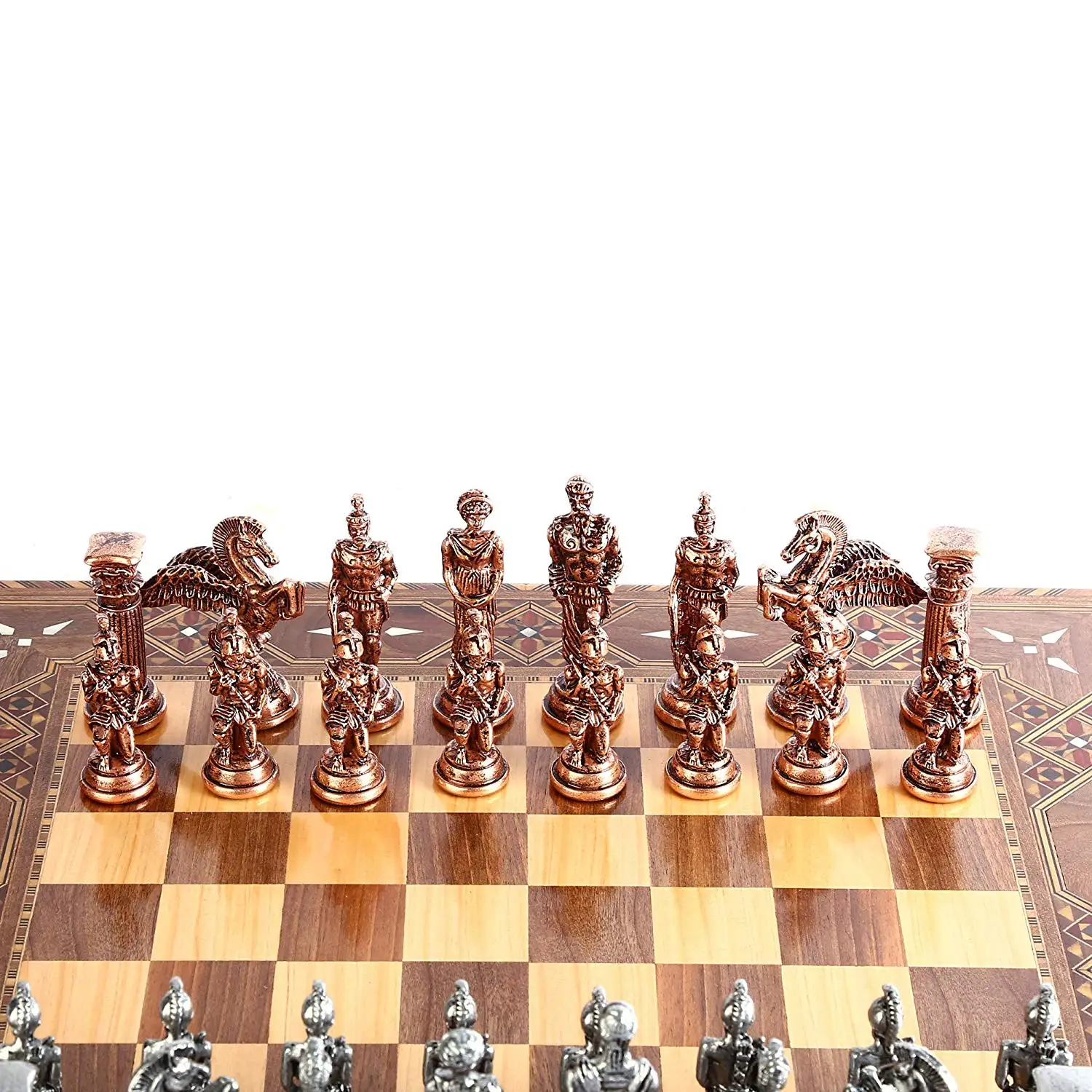 Mythologic Pegasus Antique Copper Metal Chess Set,Handmade Pieces,Natural Solid Wooden Chess Board,Original Pearl, King 9.5cm