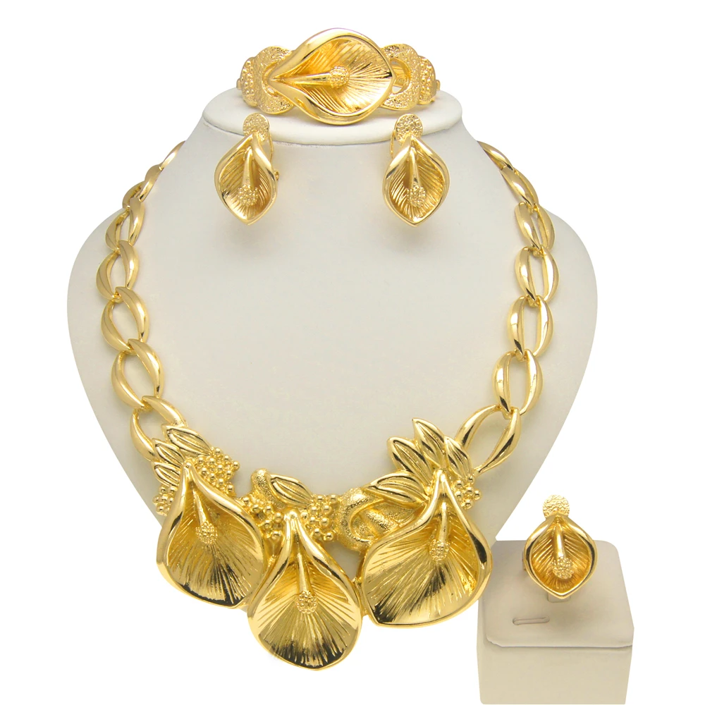 Ensemble de bijoux plaqué or pour femme, collier et boucles d'oreilles, boucles d'oreilles bourgeon de fleur, bague, fête, conception exagérée, banquet, mode