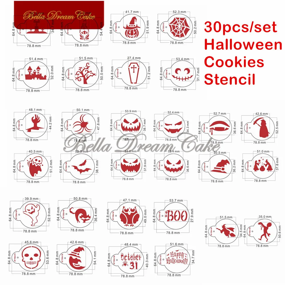 30pcs Halloween Cookies Stencil Ghost Pumpkin Biscuits Baking Mold DIY Fondant Coffee Template for Painting Cake Decoring Tools