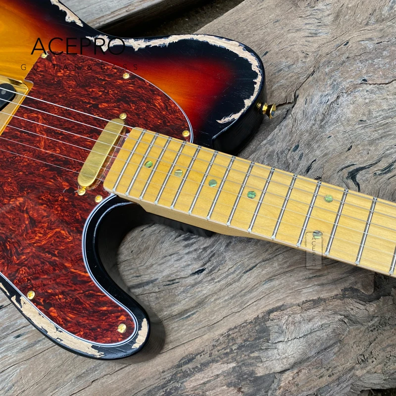 Acepro Ash Body Relic Electric Guitar, Vintage Sunburst Color, Maple Neck, Abalone Inlays, Gold Hardware, Handmade Aged Guitarra