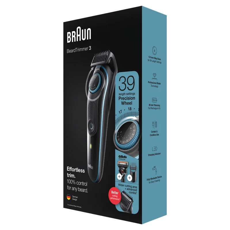 Braun BT3340, Beard Trimmer, Hair Clipper, Electric Shaver for Men, Shaving Machine, Long Lasting Sharp Blades, Shaver 39 Length Settings, 80 min wireless use