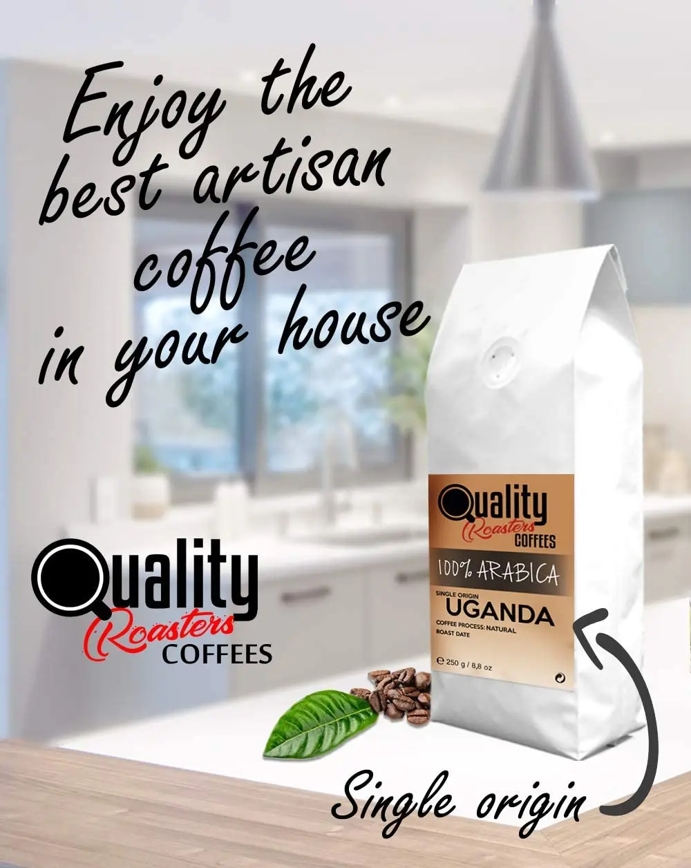 Quality Roasters Coffees. Café en grano natural. 100% Arábica. Origen único Uganda. Pack de 4 Kg. Tostado artesanal. Tueste Medio. 4 x 1 Kg.