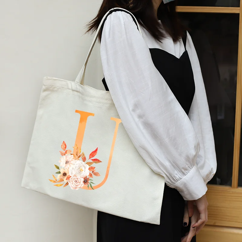 Casual Shopping Bag Flower 26 Letters Shoulder Canvas Bag Horizontal Version With Zipper Large Capacity All-match Handbag Summer