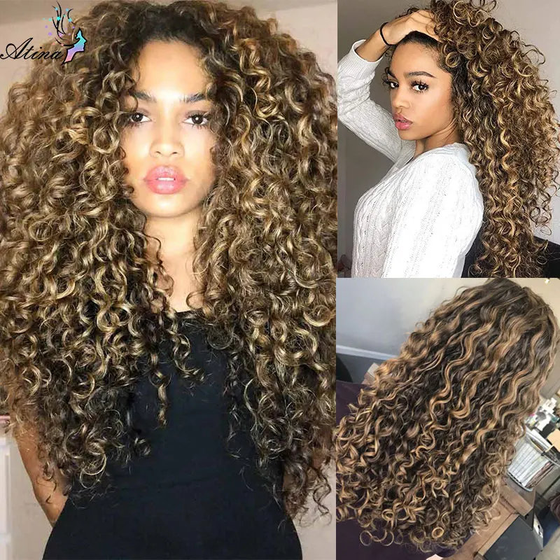 Ombre 13x4 Deep Curly Human Hair Wig For Women Highlight Honey Blonde Brazilian Water Wave Full 360 hd Lace Frontal Wigs Atina