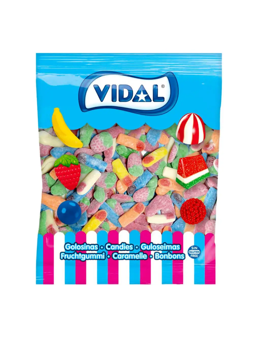 Gominolas Vidal Megasurtido acid bag of 1Kg-megasurtide acid composed of strawberries, fingers and feet. A whole mix of classics collected in a single bag. Strawberry and raspberry flavor predominate-gluten free