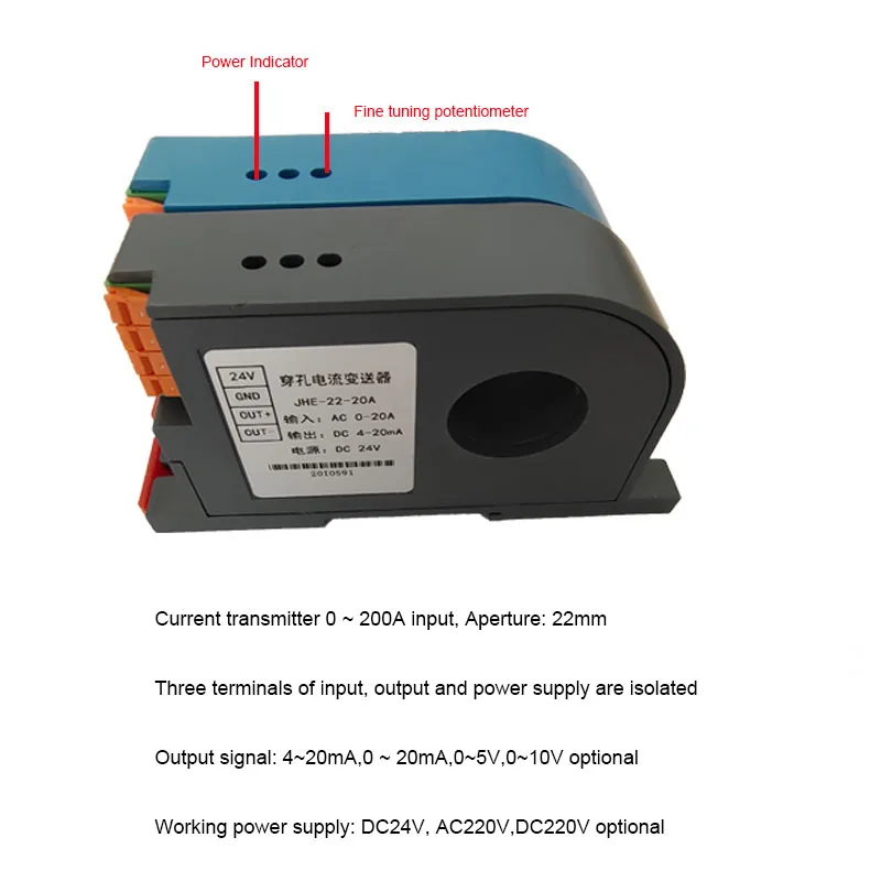 0-200A AC Current Transmitter Perforated 22mm Hall Current Sensor Signal Isolation Converter Output 4-20mA 0-10V