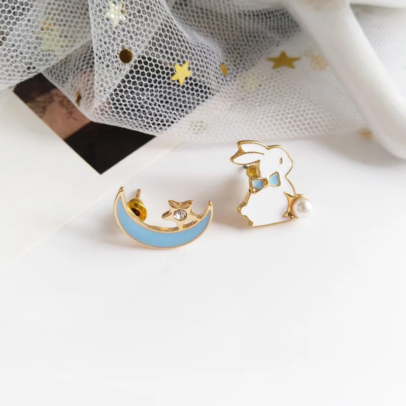 Cute Rabbit Red Heart Asymmetry Stud Earrings For Women Sweet Daisy Flower Animal Earring Girl Birthday Party Wedding Jewelry