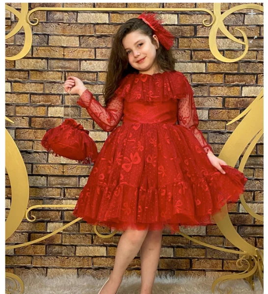 ELEGANT ÇANTALI GIRLS KIDS ELBİS 2022 MODELyaz princess dress elegant Long Sleeve Kids First Birthday Ball Gown Baby Dresses Vaft