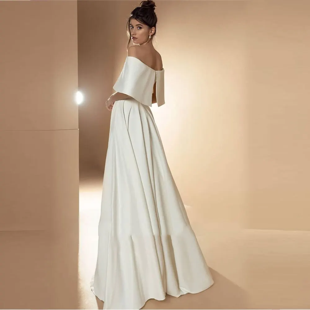 13231 # semplice senza spalline senza spalline Sexy aperto sul retro lunghezza del pavimento maniche a cappuccio raso elegante abito da sposa A-Line abito da sposa