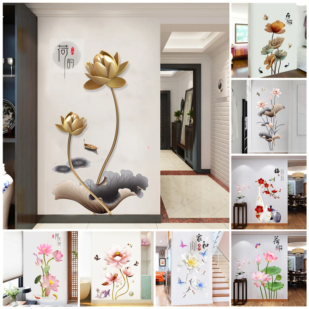 Flower Wall Sticker Decoration For Home Decor Lotus Vines Decal Large Size Wallpaper Self-adhesive Corridor Living Room Decal