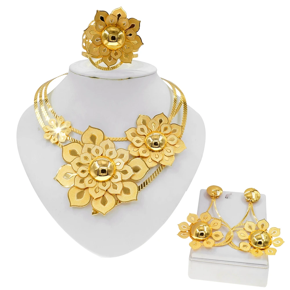 Fashion Plated 24K Gold Colour Jewelry Set Ladies Flower Large Necklace Bracelet Wedding Party Gift Accessories NH00030