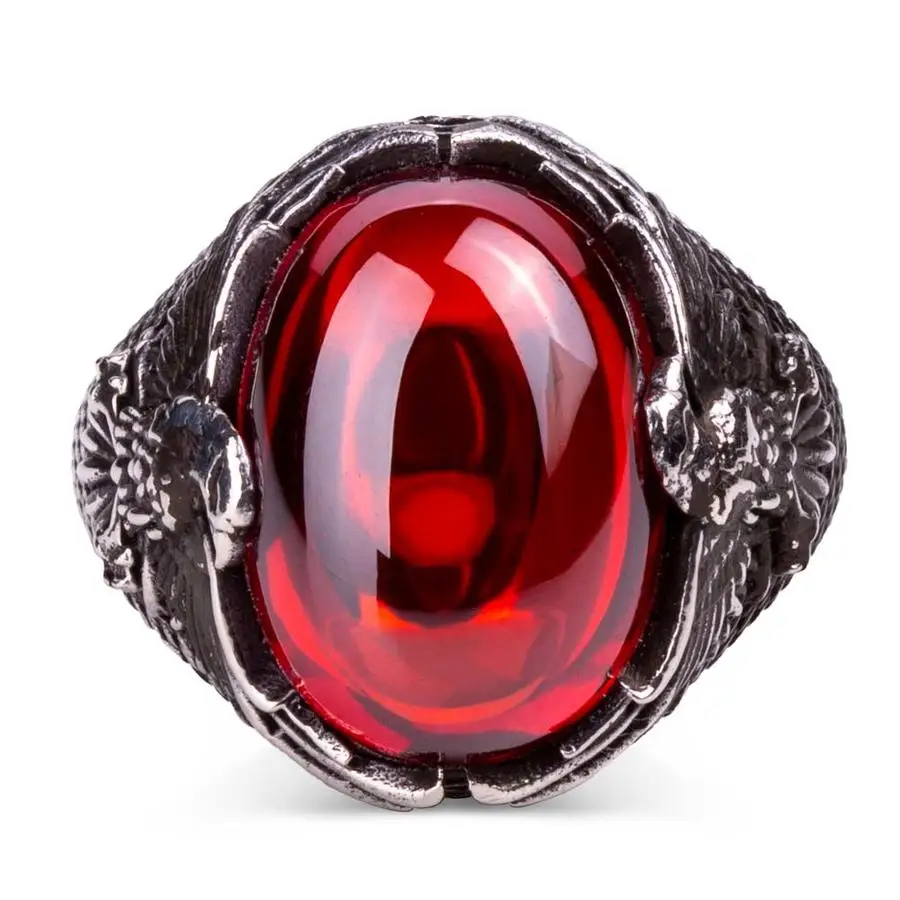 Red Stone Silver Men's Ring with Rising Eagle Fashion Turkish Premium Quality Handmade Jawelery