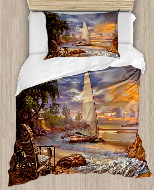 

Else Brown Tropical Beach Sea Side Ship 4 Piece 3D Print Cotton Satin Single Duvet Cover Bedding Set Pillow Case Bed Sheet