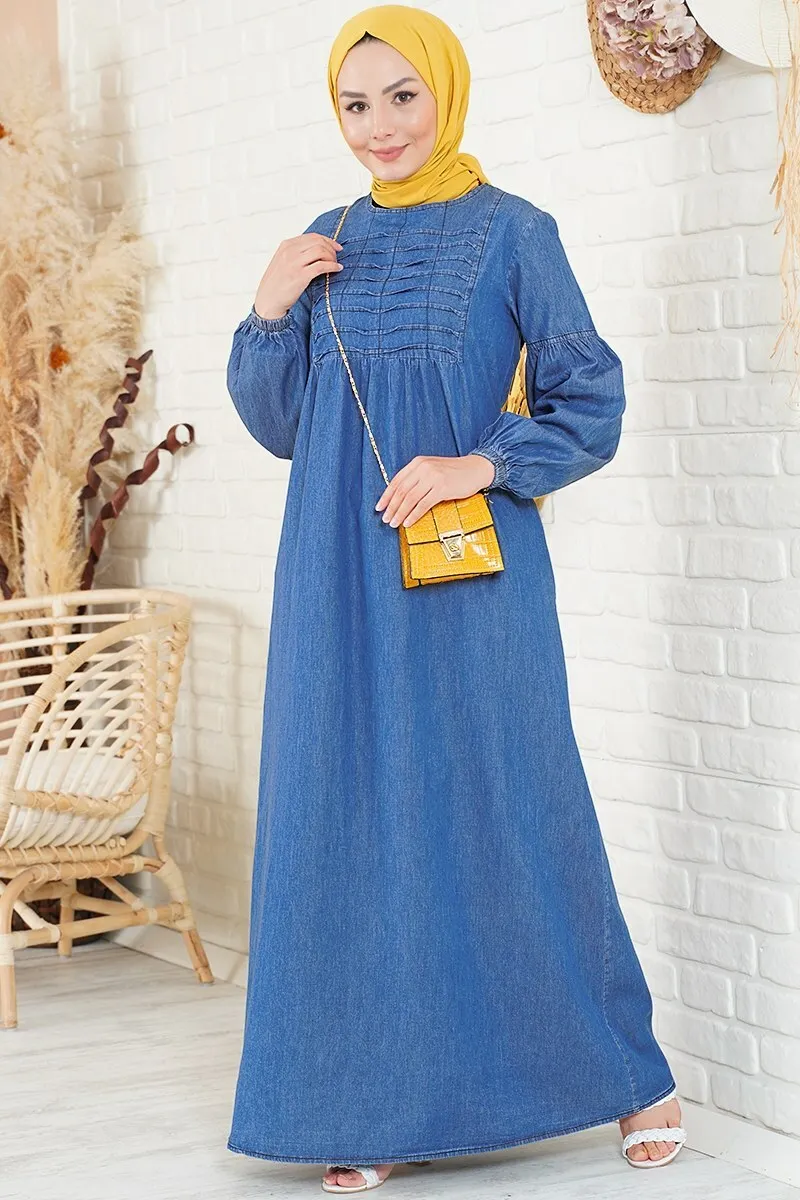 Pocket Embroideried Denim Dress abaya winter Denim Dress Dark Hole Button Arched Handle Denim dress Dark Blue muslim long Dress for women