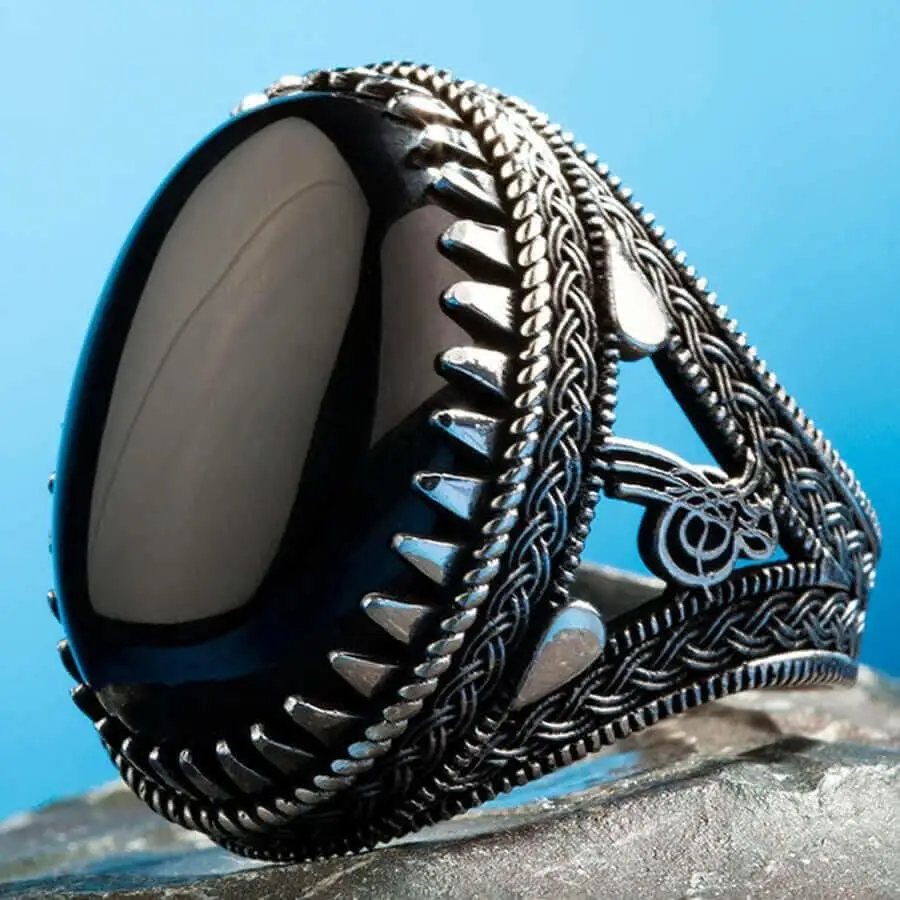 

Silver Ottoman Tughra Mens Ring with Large Onyx Stone Fashion Turkish Premium Quality Handmade Jawelery