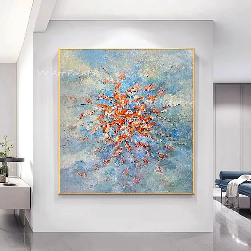 100% Handmade Impasto Abstract Canvas Art, Square Blue Orange Texture Painting, Thick Brushstroke Large Home Wall Decor Gift
