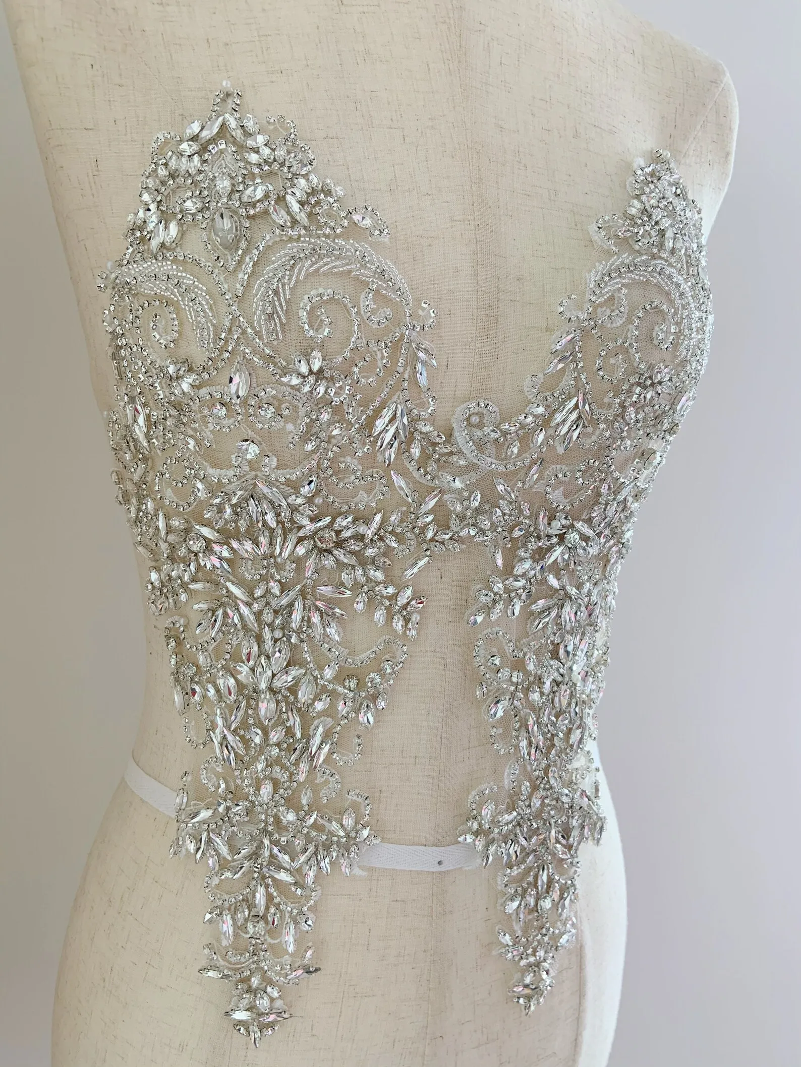 2pcs Silver Rhinestone Bodice Applique Heavy Rhinestone Crystal Bodice Patch for Couture and Dance Costume