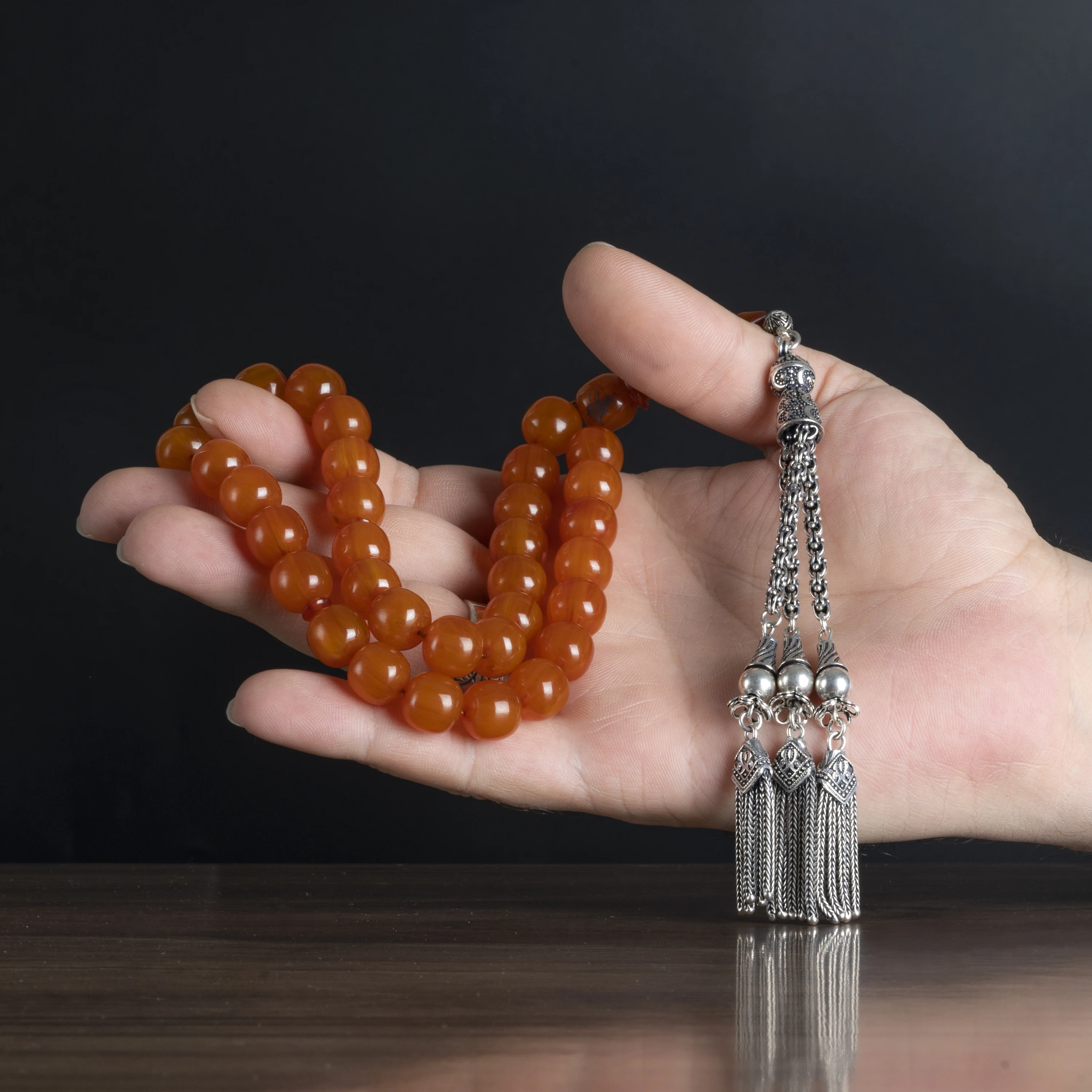 High Quality Guaranteed Muslim Rosary 925Silver Accessories For Men Tassel Original Amber stone 33 Pcs size 10mm orance color