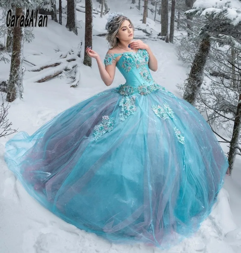 Cara&Alan Off the Shoulder Turquoise Quinceanera Dresses Floral Beading vestidos de xv años Custom Made Sweet 15 Prom Gowns