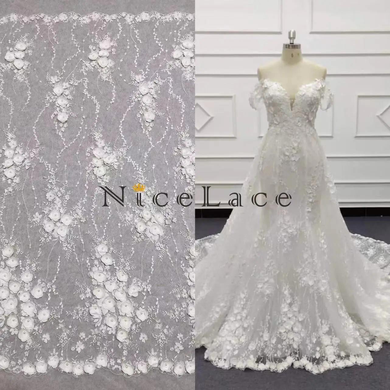 

Nicelace Good Quality 3D Flowers Embroidery Lace Fabric Shiny Sequins Soft Nylon Tulle For Wedding Gown Bridal Dresses Wide130CM