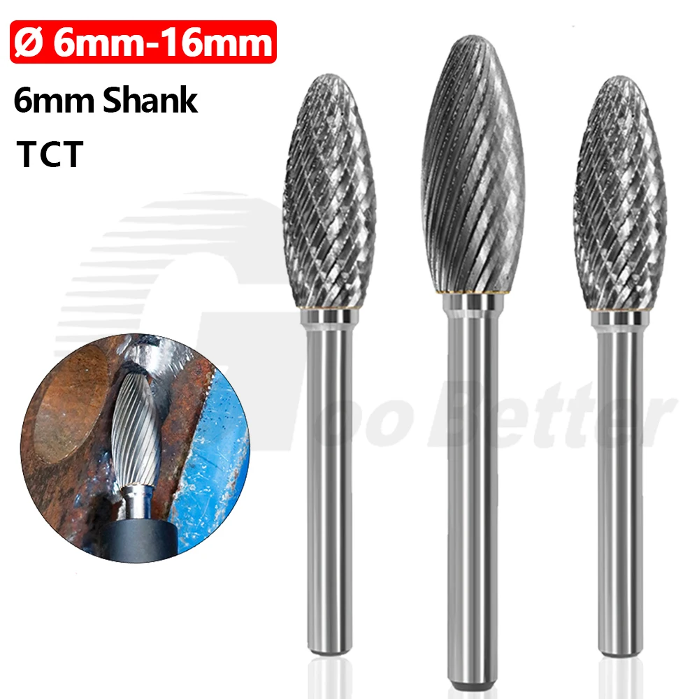 

Ø 6-16mm TCT Tungsten Carbide Tipped Rotary Tool Bit Burr Bit Rotary Files Carving Cutter Flame Shape 6mm Shank For Die Grinder