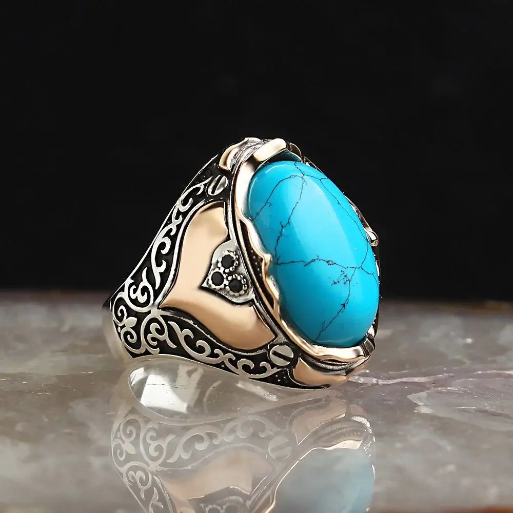 Natural Turquoise Stone Men Ring Power Traditional Handmade 925 Silver Ring Turkish Signet Rings Rock Jewelry Gift for Women Men