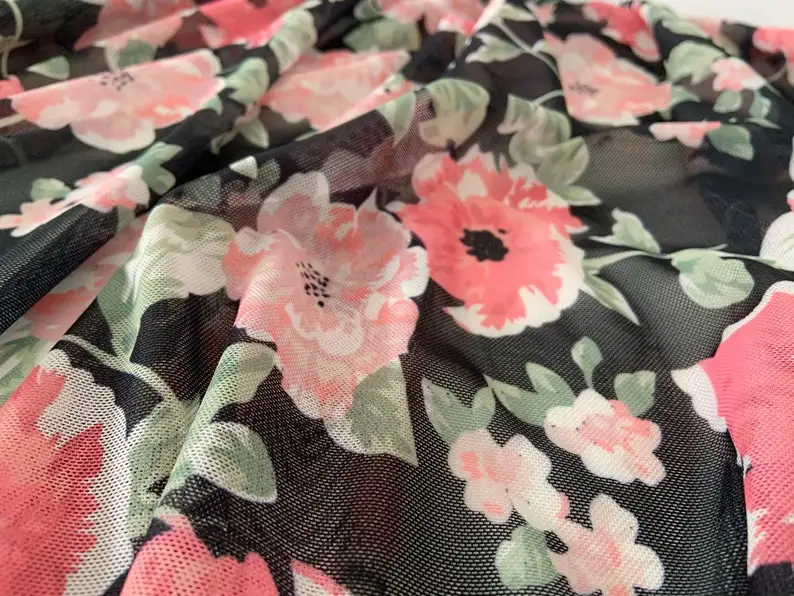 4 way Stretch Tulle Fabric With Printed Florals, Colorful Power Stretchy Mesh Fabric With Flowers