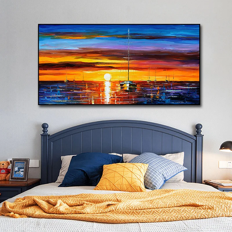 Modern Handmade Oil Painting, Thick Knife Textured Sunset Sea Sailboat Art, Bright Coastal Decor For Living Room & Study