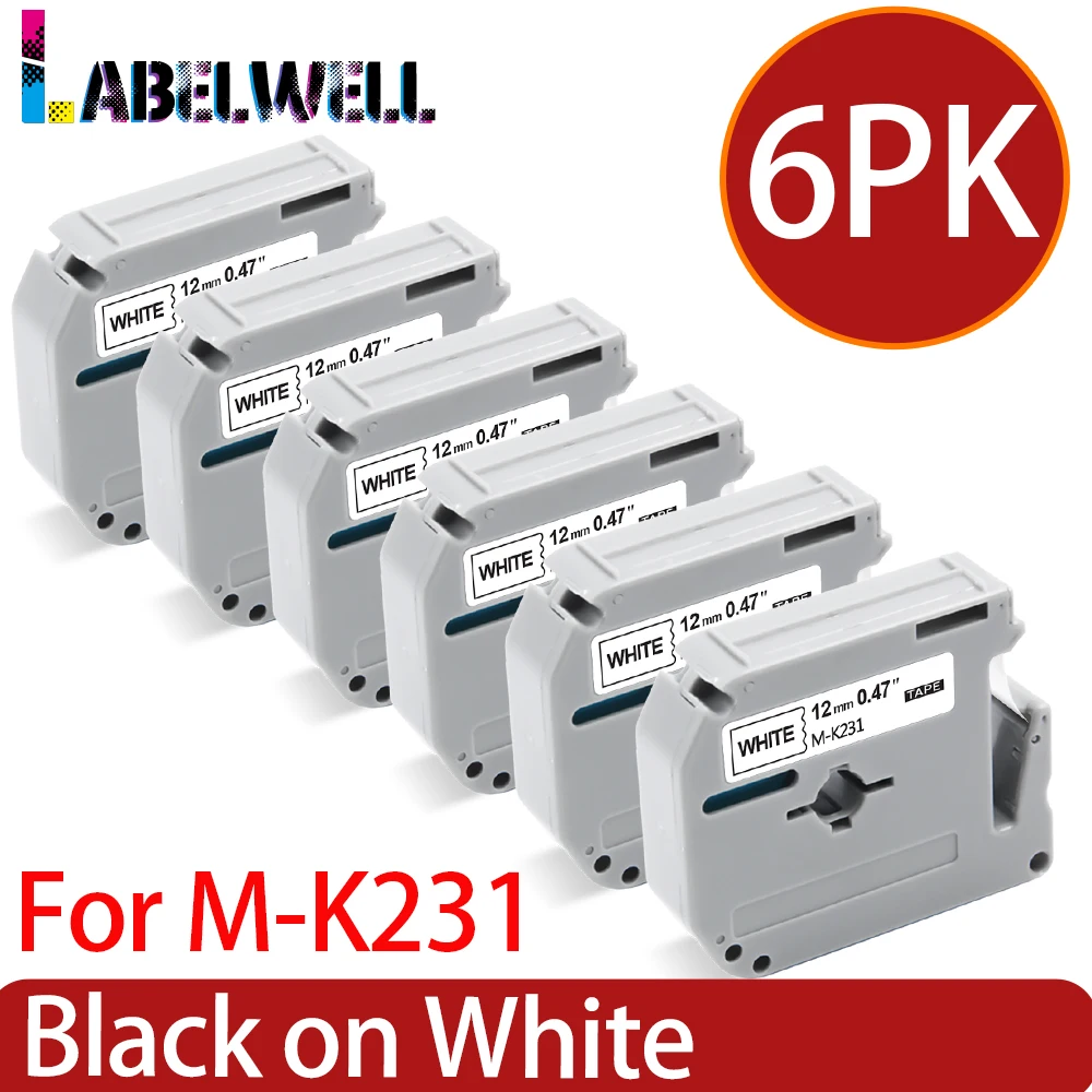 Labelwell 6PK Label Tape M-K231 Compatible for Brother MK 231 MK-231 MK231 Printer Ribbon for P-Touch PT-70 PT-80 PT-90 printer