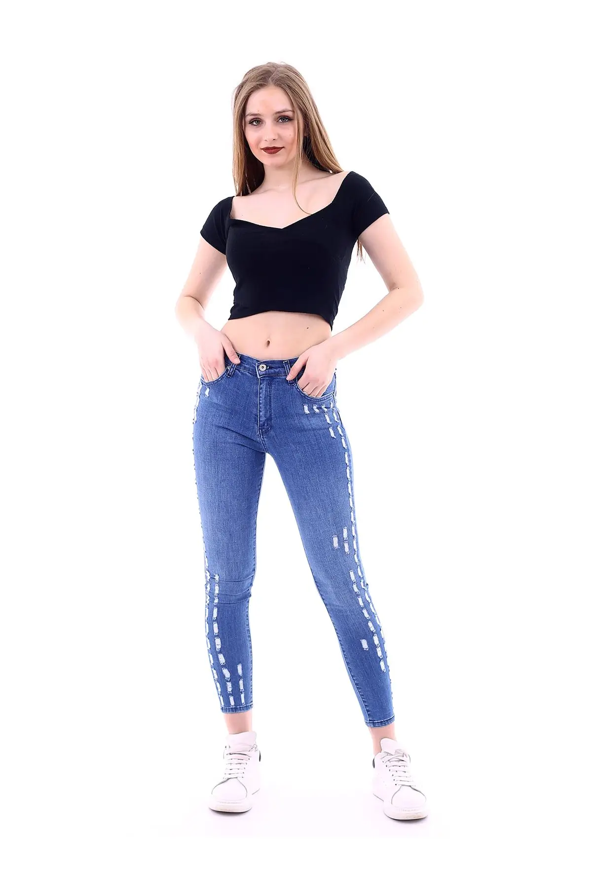 Womens Ripped High Waist Boyfriend Light Blue Jeans 2021 New Season Young Style Casual Four Pockets Fashion High QualityFlexible