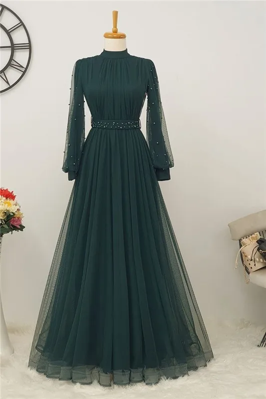 Robe de Rhlongue en tulle avec perles, manches longues, col haut, saoudien, arabe, une ligne, plis, soirée formelle, quelle que soit la robe de soirée, 123