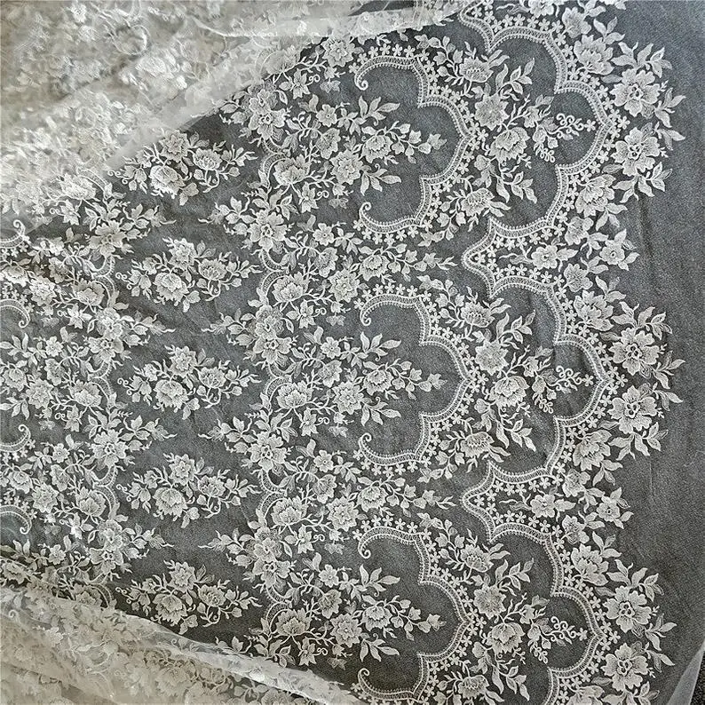 

Off White Bridal Lace Fabric, Vintage Floral Embroidered Lace, Sequined Wedding Dress Fabric By Yard