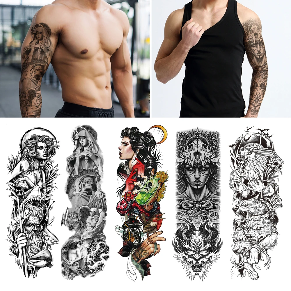 Waterproof Tattoo Sticker Totem Full Arm Large Size Sleeve Temporary Tattoos Lion  Wolf Death Fake Tattoo For Men Women Body Art