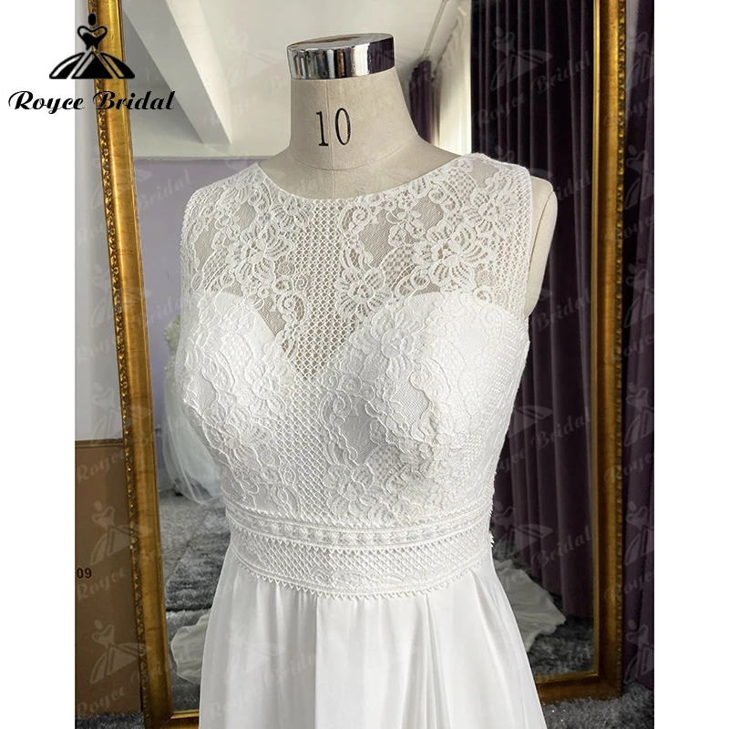 Vestido de novia bohemio de gasa con cuello redondo, hombros descubiertos, Espalda descubierta, línea A, largo hasta el suelo