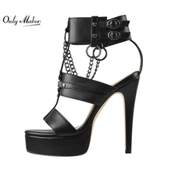 Onlymaker sandali con plateau da donna catena in metallo nero opaco tacchi alti sottili fibbia con rivetti punta aperta scarpe di grandi dimensioni