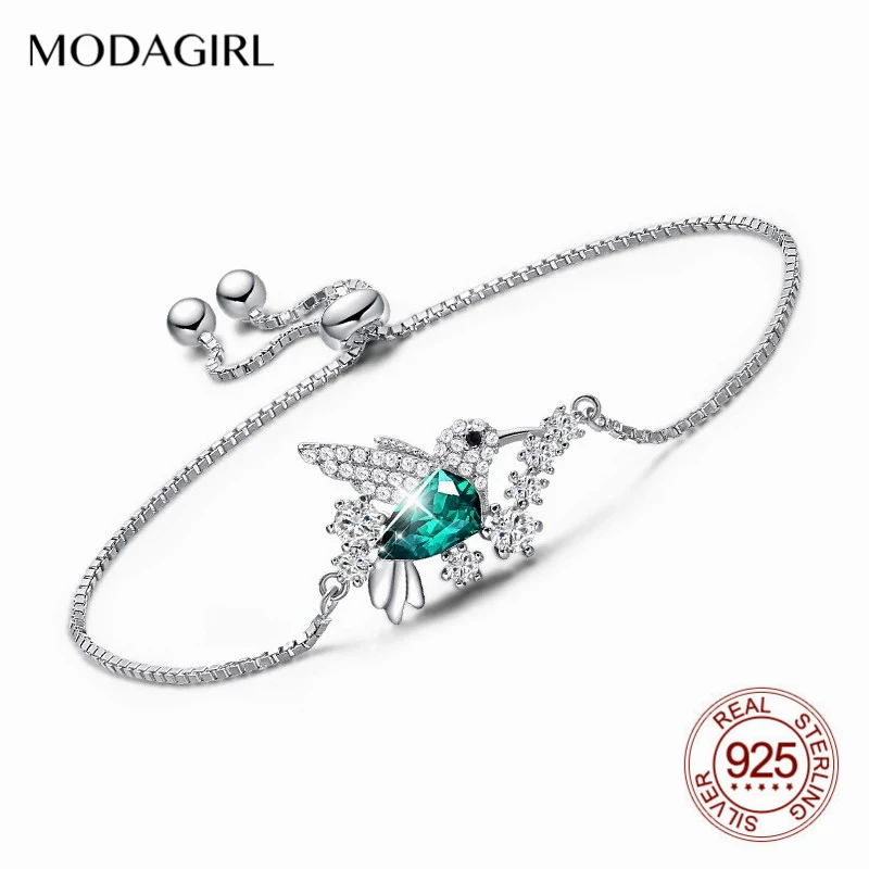 

MODAGIRL Original Design 925 Sterling Silver Hummingbird Sliding Adjustable Bracelet with Green Crystal Women Fine Jewelry