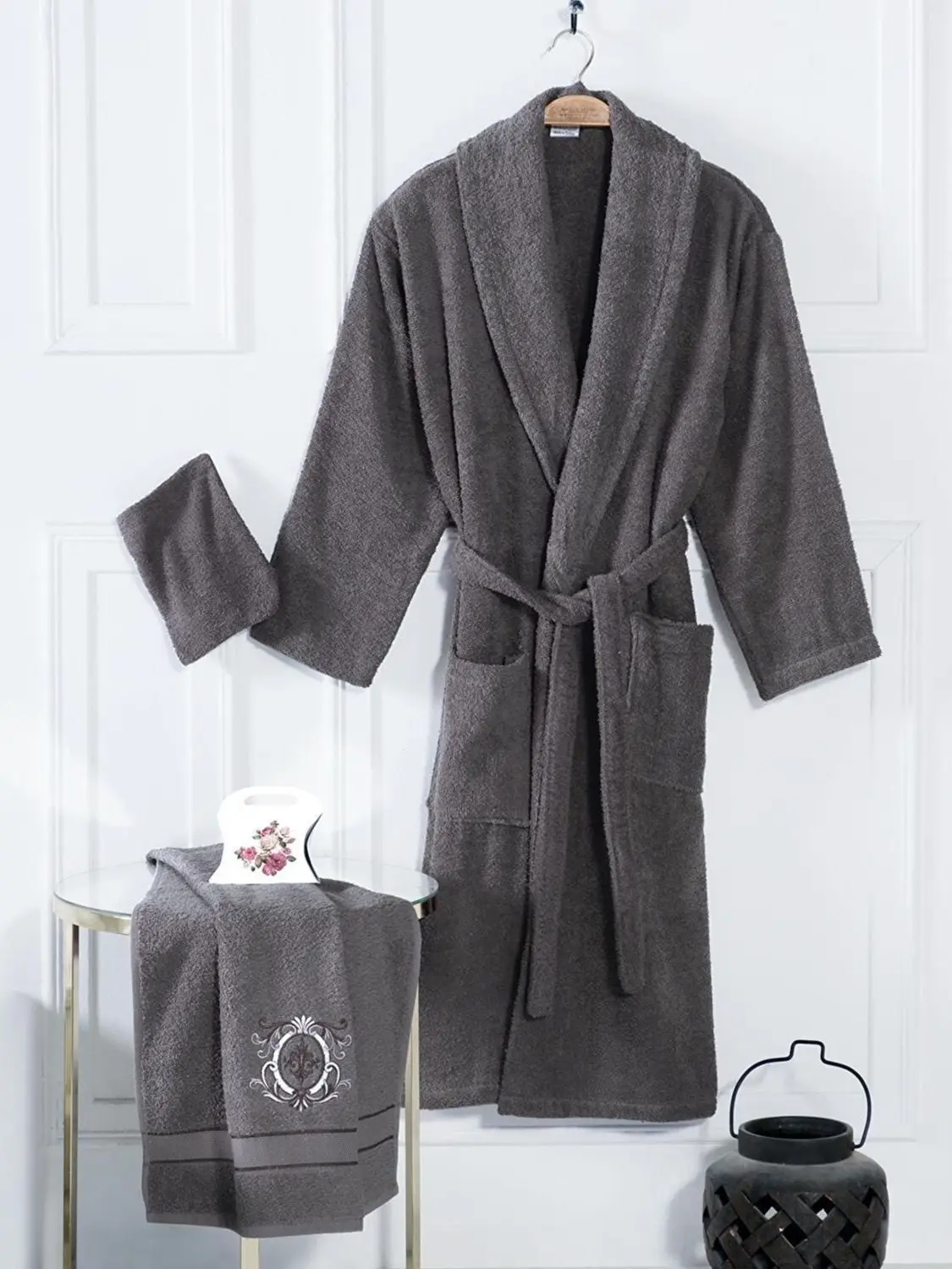 4 Picies Luxury Soft Cotton Black Bathrobe Set For Men 1 Bathrobe 1 Head Towel 1 Soap 1 Bath Glove Bathrobe Set Made İn Turkey