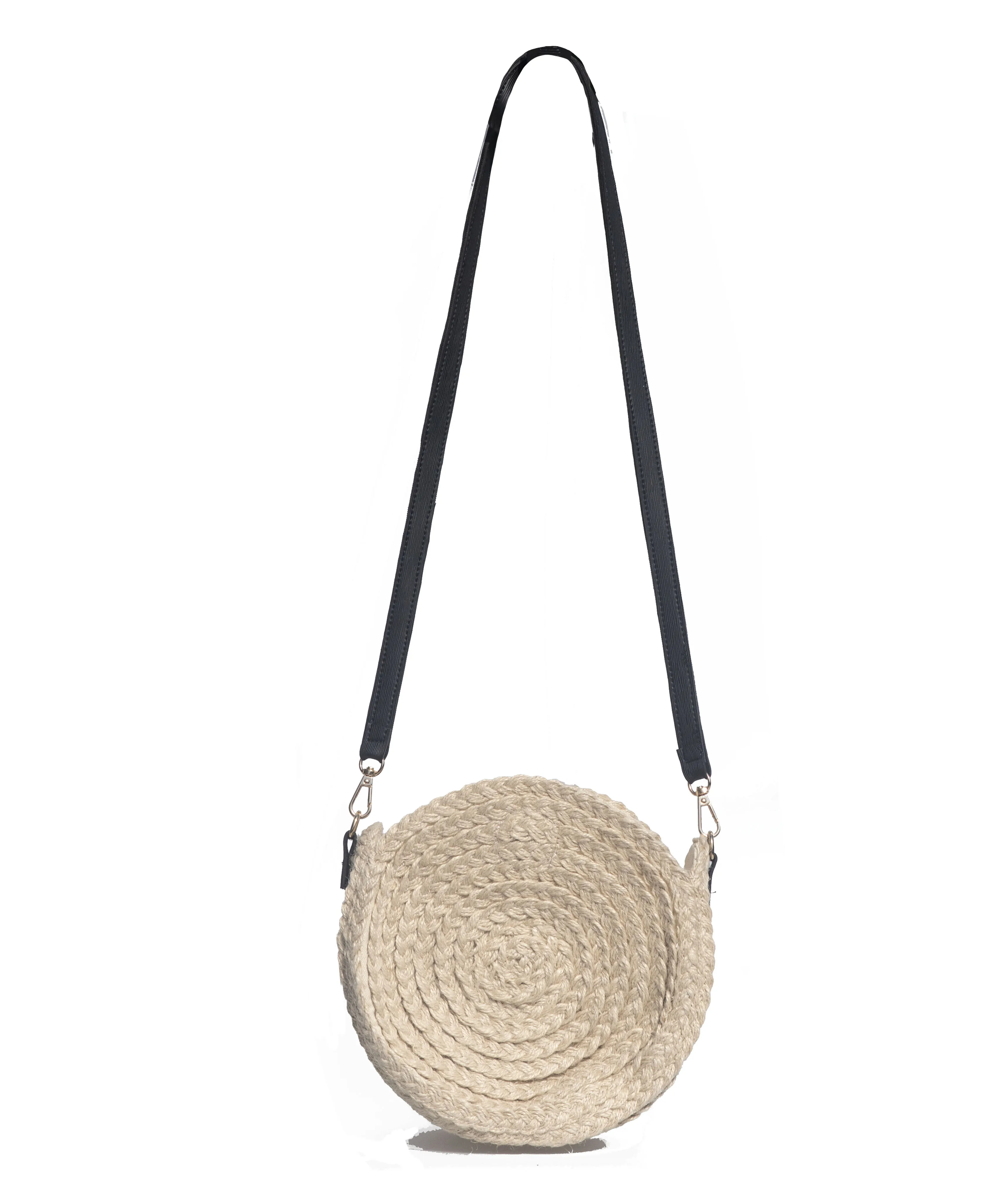 Jute Straw Leather Strap Detailed Round Knitted Beige Summer Stylish Casual Women Bag