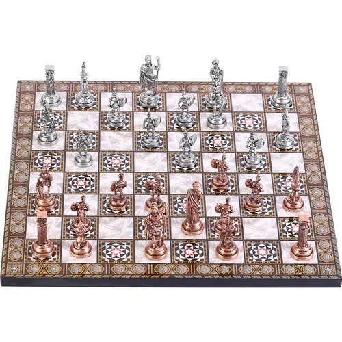 Metal Roma Chess Set Antique And Mother-of-Pearl Board Queen's Gambit Chess Set