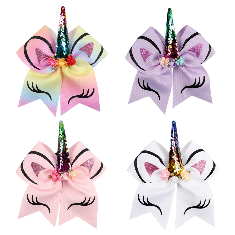 CN 7 Inch Rainbow Cheer Bows With Rubber Band For Girls Kids Reversible Sequin Ponytail Hair Bows Hair Accessories