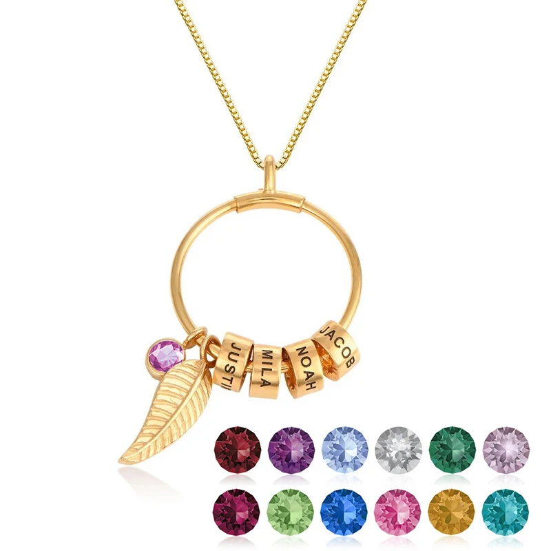 

Personalized 1-7 Family Names Beads Necklace Women Stainless Steel Leaf Pendant Engraved Mother's Day Birthstone Jewelry Gift
