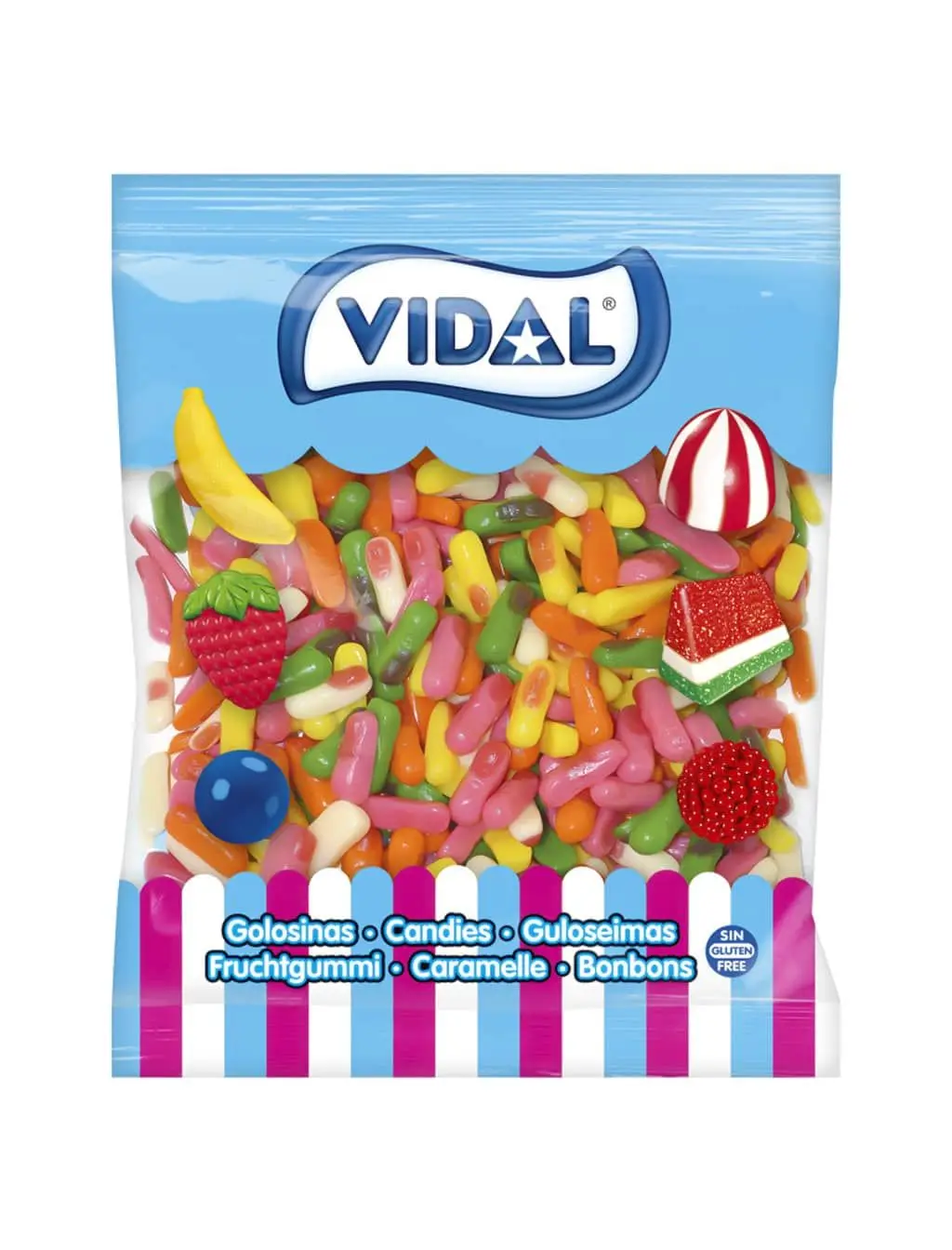 Gominolas Vidal - Mini fingers bag 1Kg-Funny candy fingers of bold colors and attractive raspberry flavor in mini size. To suck your fingers! -Gluten-free and fat-free