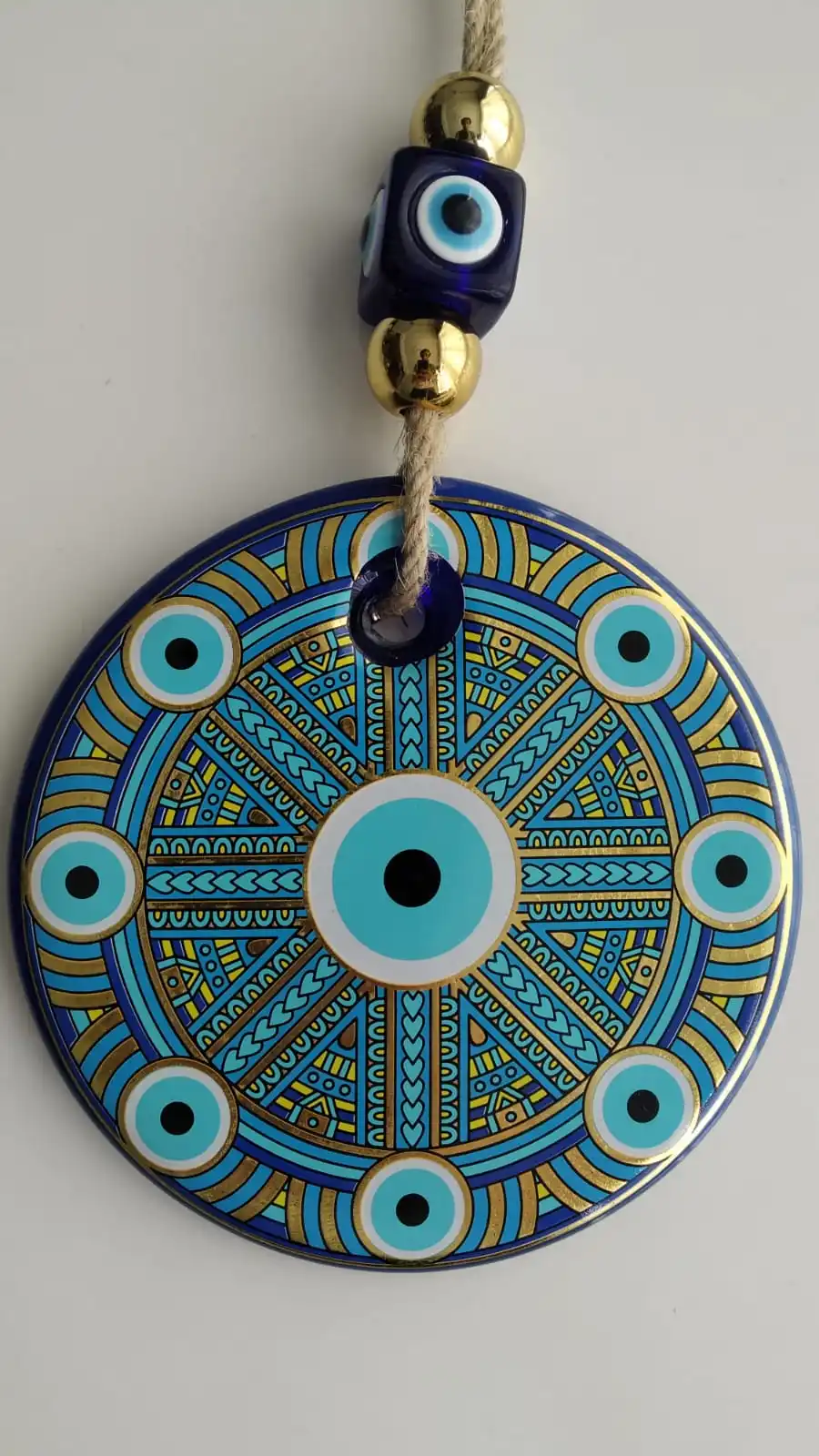 Big Size-14 cm Diameter- Golden Gilted and Colored Patterned Glass Blue Evil Eye Wall Hanging Ornament – Turkish Nazar Bead - Ho