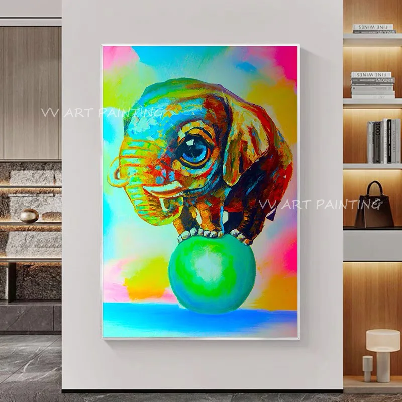 100% Handmade Abstract fluorescent green canvas baby elephant cute animal Oil Painting Wall Picture Artwork Decoration