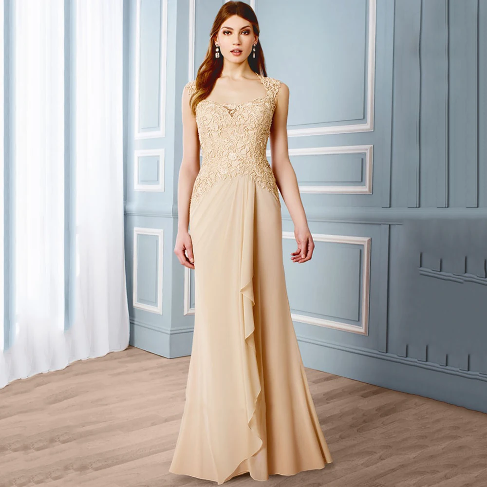 Vestido champanhe de mãe da noiva, vestido elegante com manga longa, em chiffon, renda, sereia, festa de casamento, vestidos de convidados para mãe