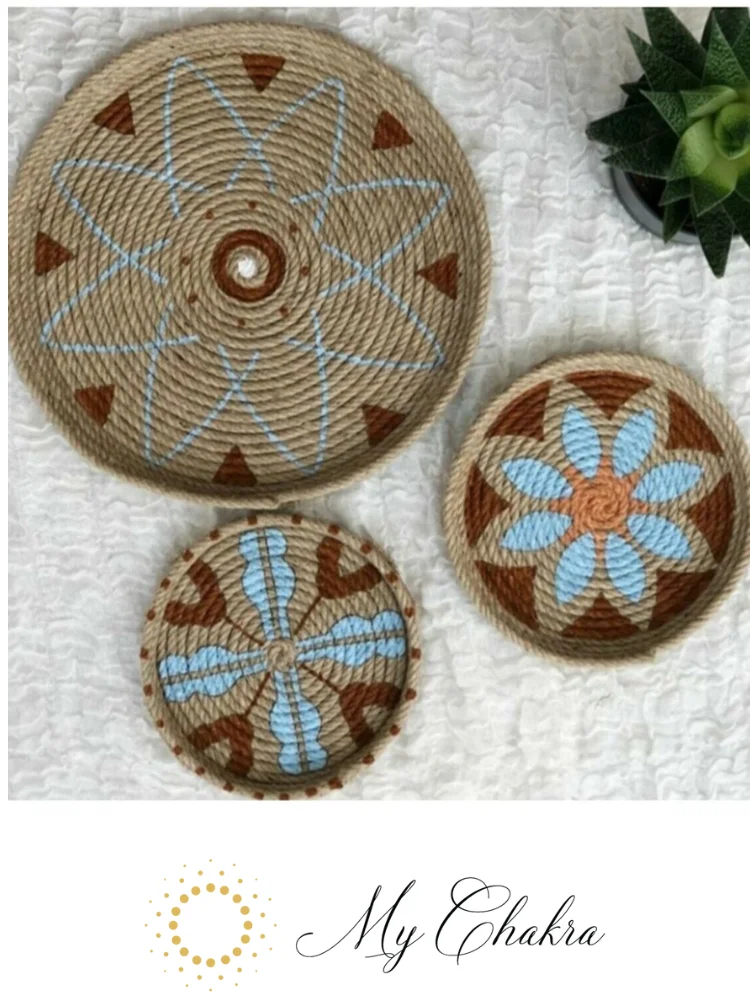 Decorative Bohemian Style Wall Plate / African / Blue Berry, Jute Straw Rope 100% Handmade Waterproof Acrylic Painted 3D / Set of 3 Original Home Gift Ethnic Pattern Living Room Bedroom Hallway Balcony Ornament