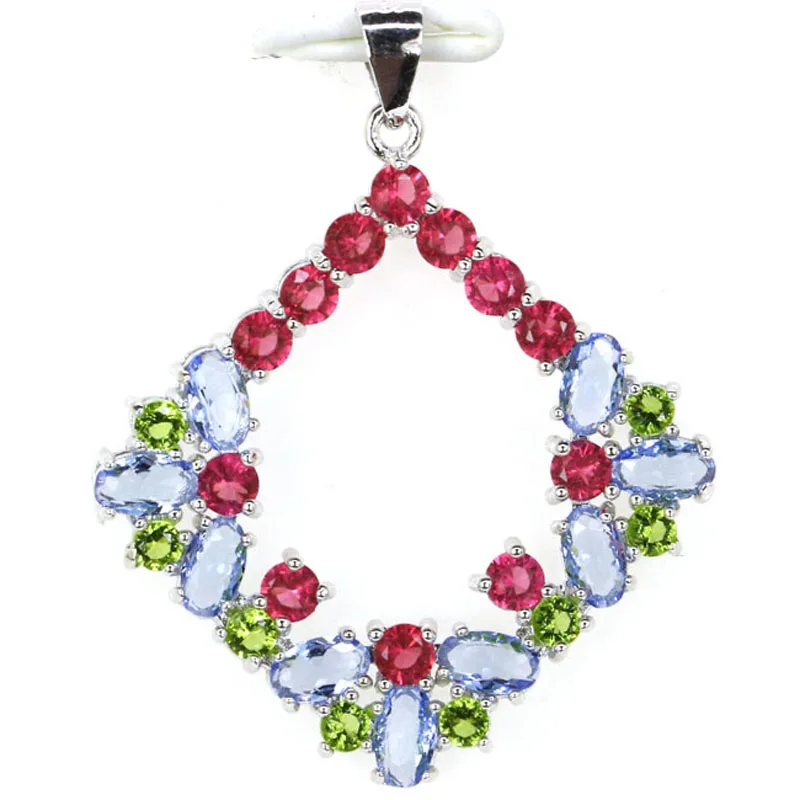 

39x31mm Multi Color Square Shape 3.2g Garnet Peridot Blue Topaz Violet Tanzanite Real 925 Solid Sterling Silver Pendant