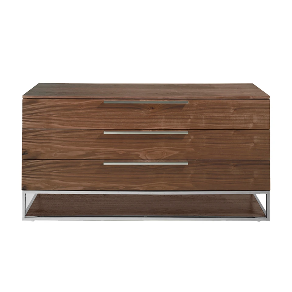 Comoda 3214 Angel Cerdá-comfortable sideboard in walnut-plated wood with drawers and pulls in chrome stainless steel. Base in chrome stainless steel.