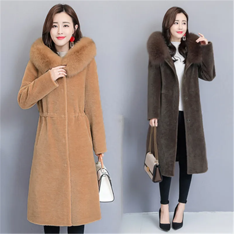 

Winter coat women's long section 2020 new V-neck hooded thickened warm Haining fur wool coat coat